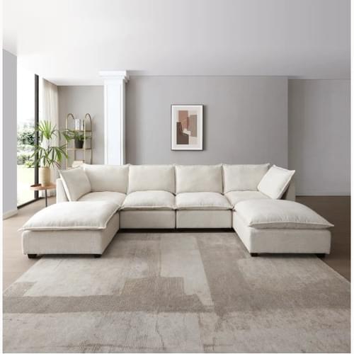 Modular Linen Sectional Sofa with Ottoman