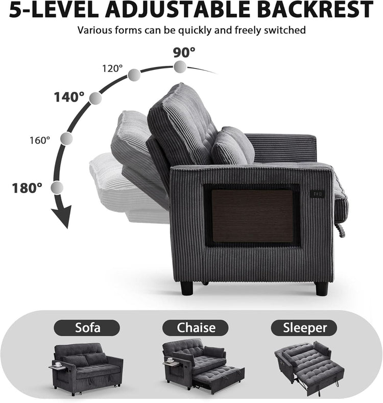 55-Inch Convertible Sleeper Sofa with USB Charging, Fold-Out Table & Corduroy Fabric Jonine&