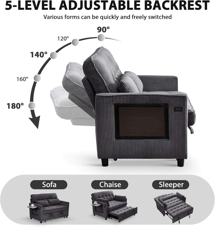 55-Inch Convertible Sleeper Sofa with USB Charging, Fold-Out Table & Corduroy Fabric Jonine&