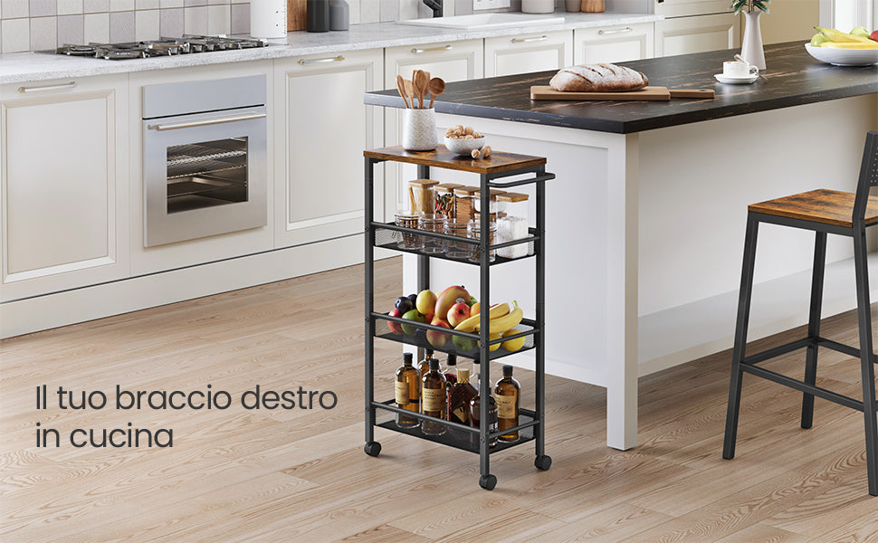 VASAGLE 4-Tier Trolley with Space-Saving Kitchen Trolley with Wheels, Handle, Small Spaces, Bathroom Living Room Study,