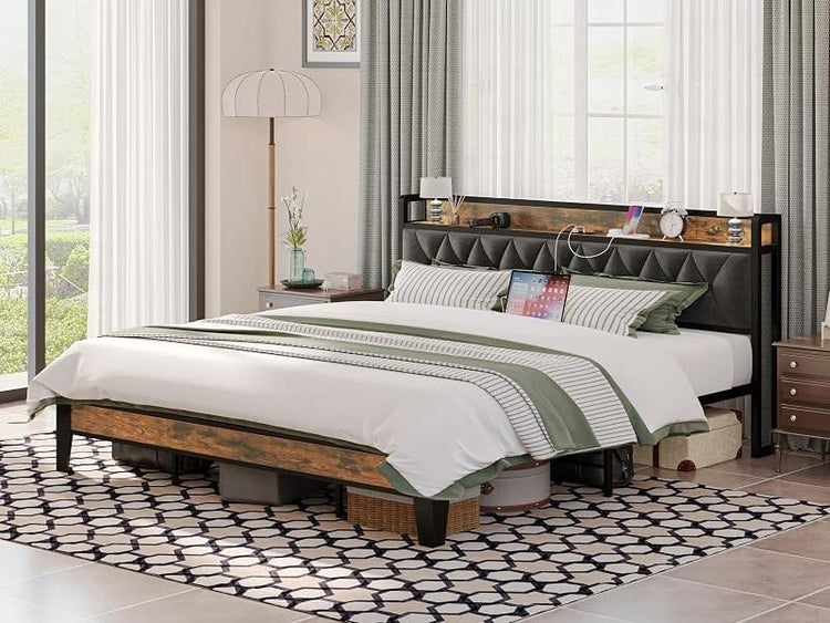 ANCTOR Twin/TwinXL/Full/Queen/King/CaliforniaKing Bed Frames, Storage Headboard with Outlets, No Noise, No Box Springs Needed Jonine&