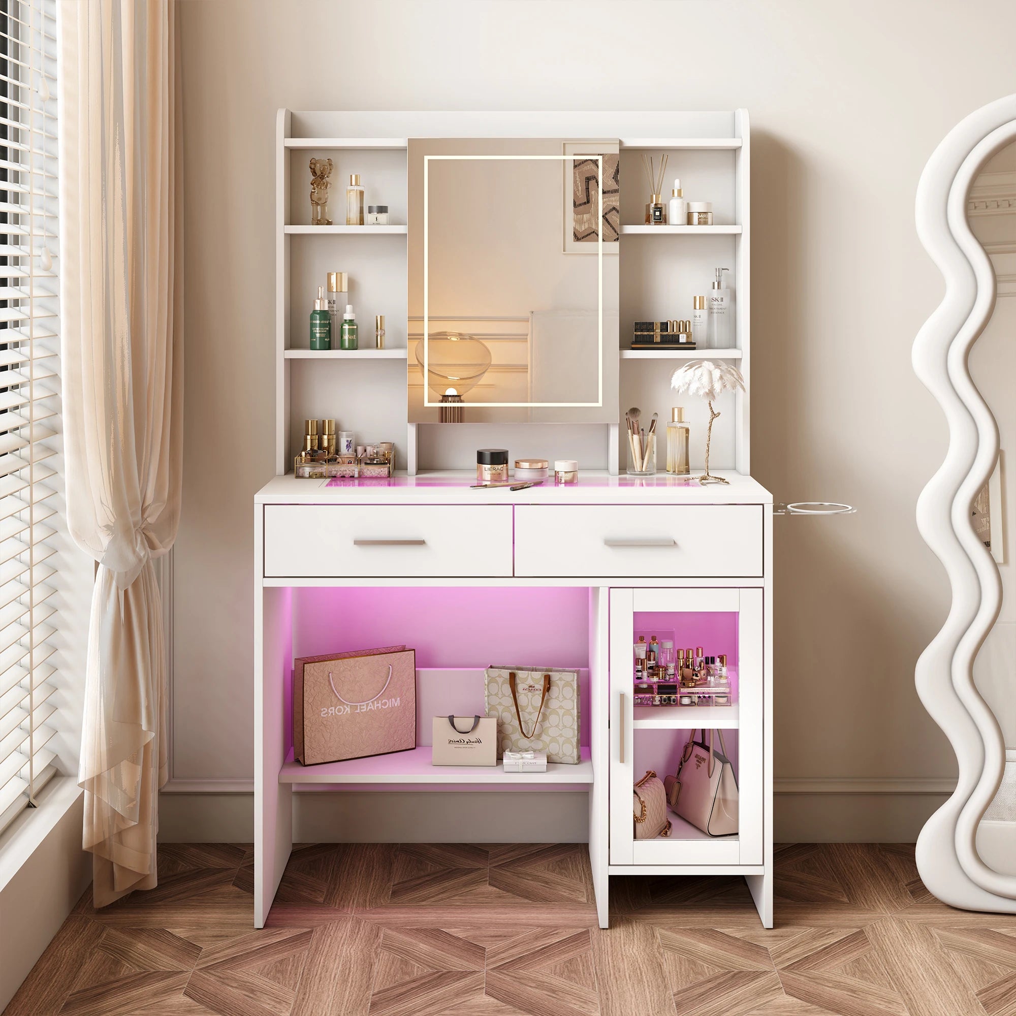 Urban Luxe dressing table, dressing table with light, dressing table with mirror, equipped with socket and hair dryer holder, White