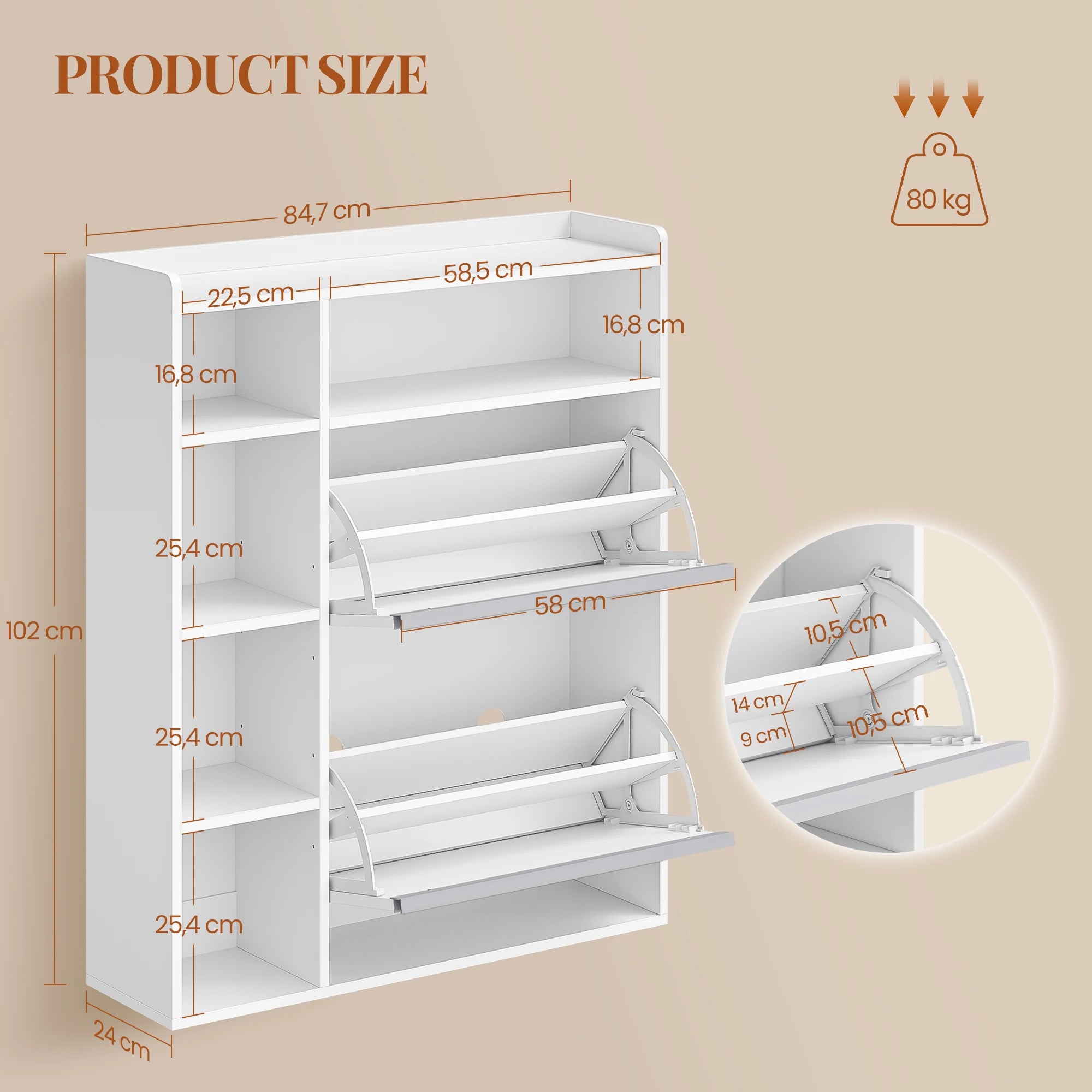 1 White Narrow Shoe Cabinet with 2 Flaps,with 5 Open Compartments,Shoe Rack for 8-12 Pairs of Shoes,for Hallway, Entrance