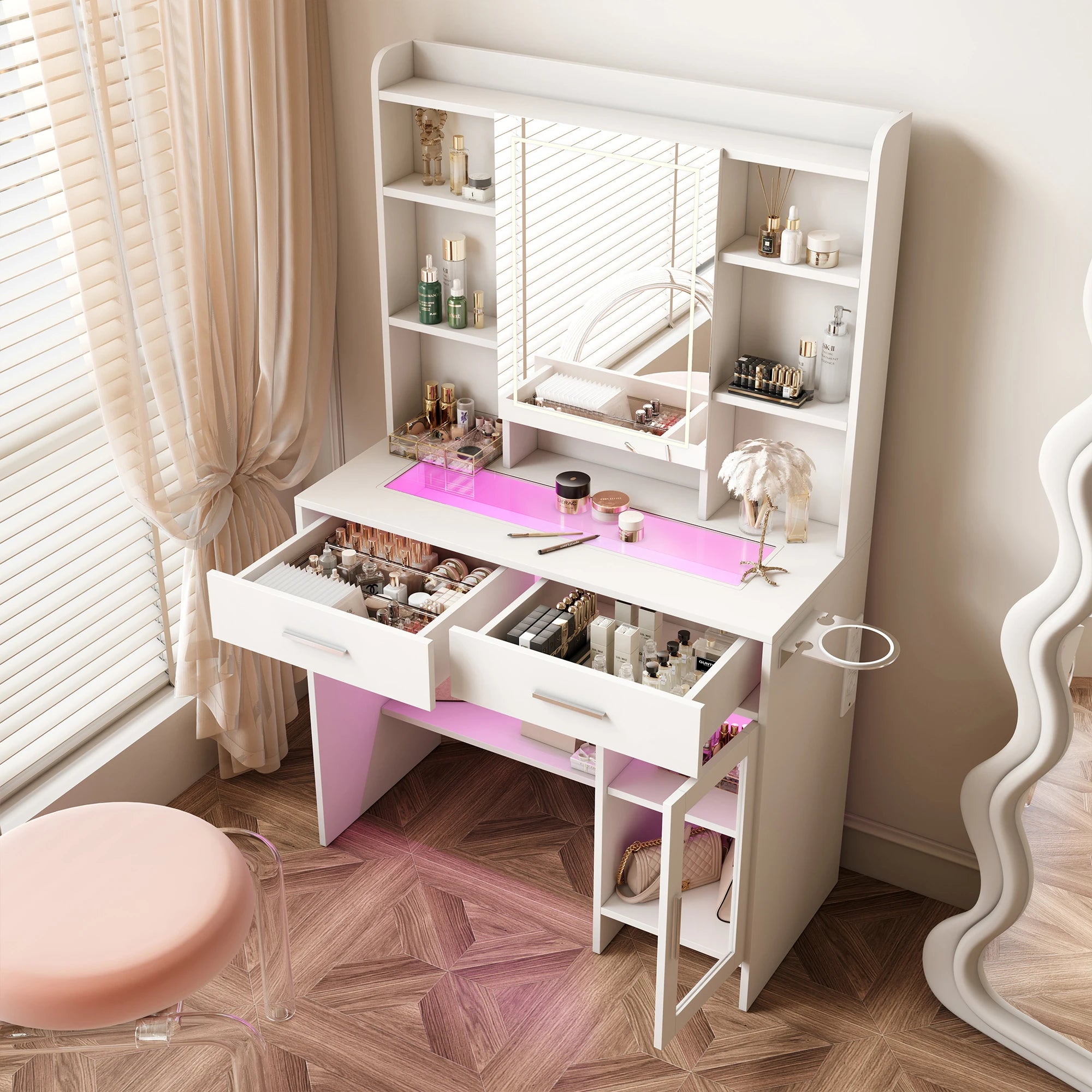 Urban Luxe dressing table, dressing table with light, dressing table with mirror, equipped with socket and hair dryer holder, White