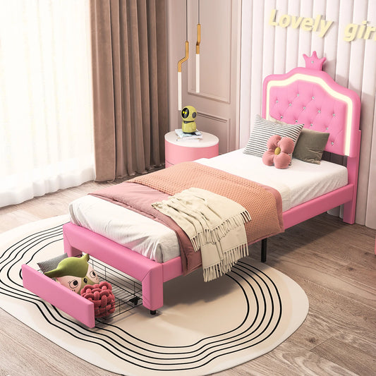 Her Room, Her World — Girls' LED Upholstered Storage Bed with Drawer