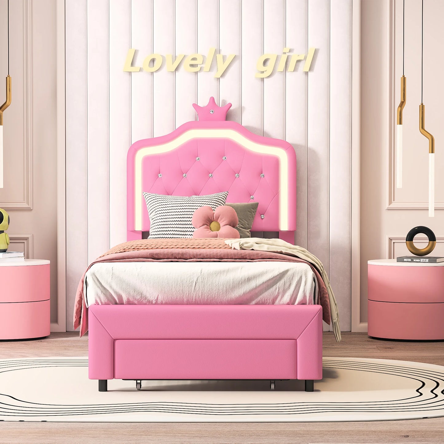 Her Room, Her World — Girls' LED Upholstered Storage Bed with Drawer