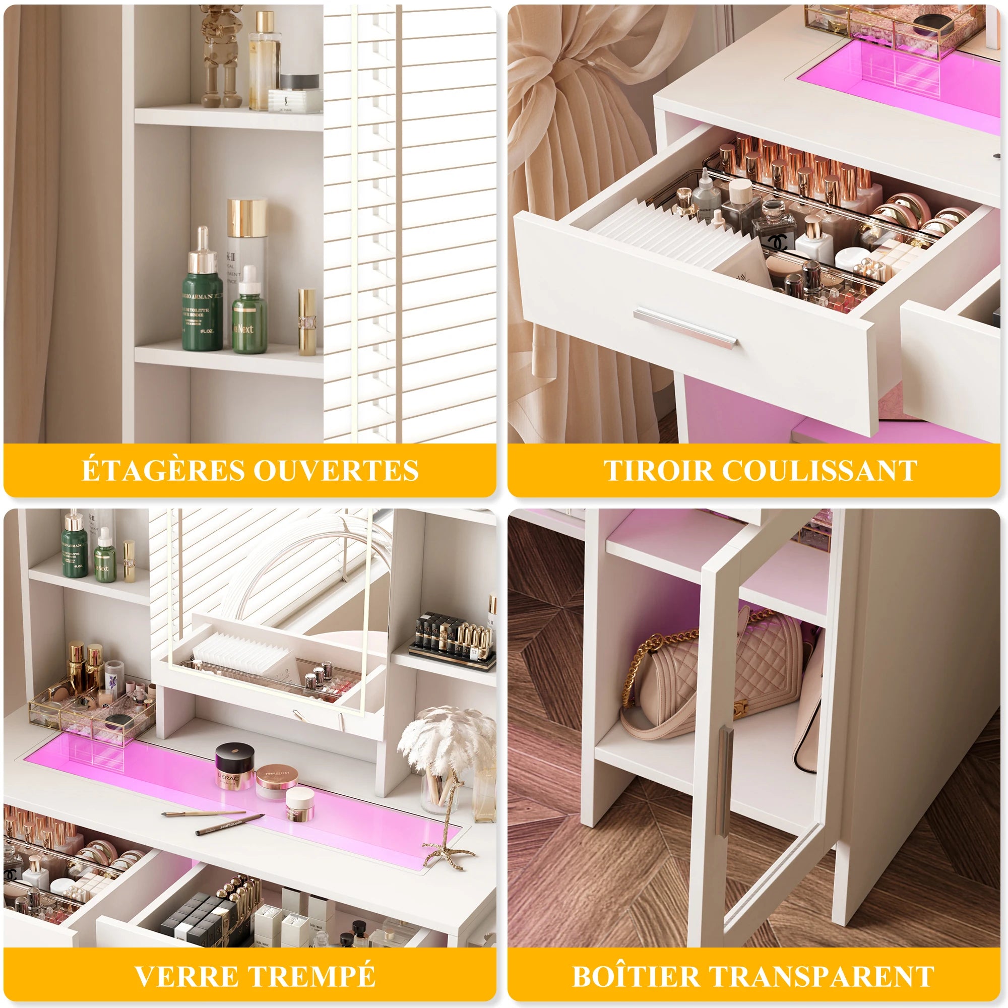 Urban Luxe dressing table, dressing table with light, dressing table with mirror, equipped with socket and hair dryer holder, White