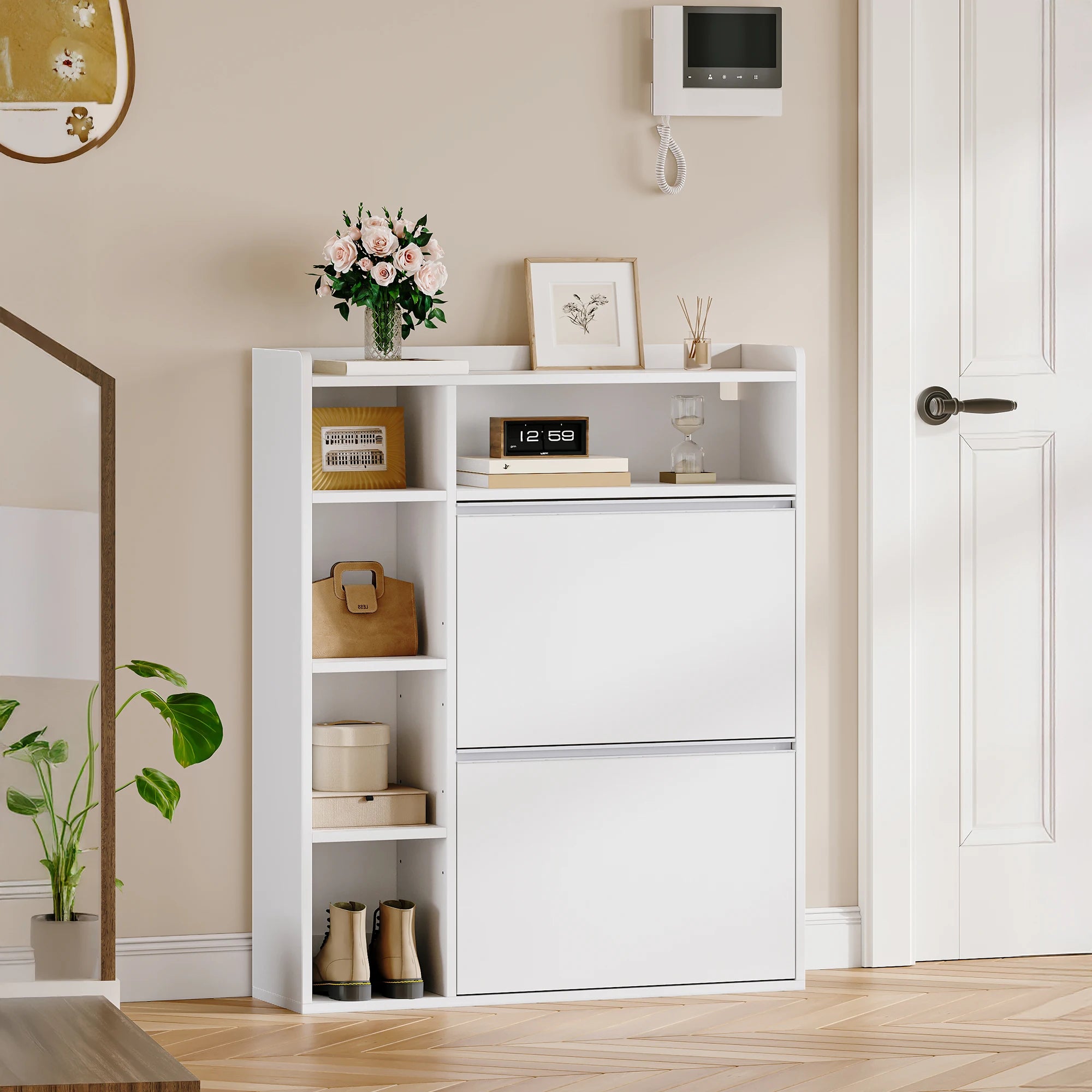 1 White Narrow Shoe Cabinet with 2 Flaps,with 5 Open Compartments,Shoe Rack for 8-12 Pairs of Shoes,for Hallway, Entrance