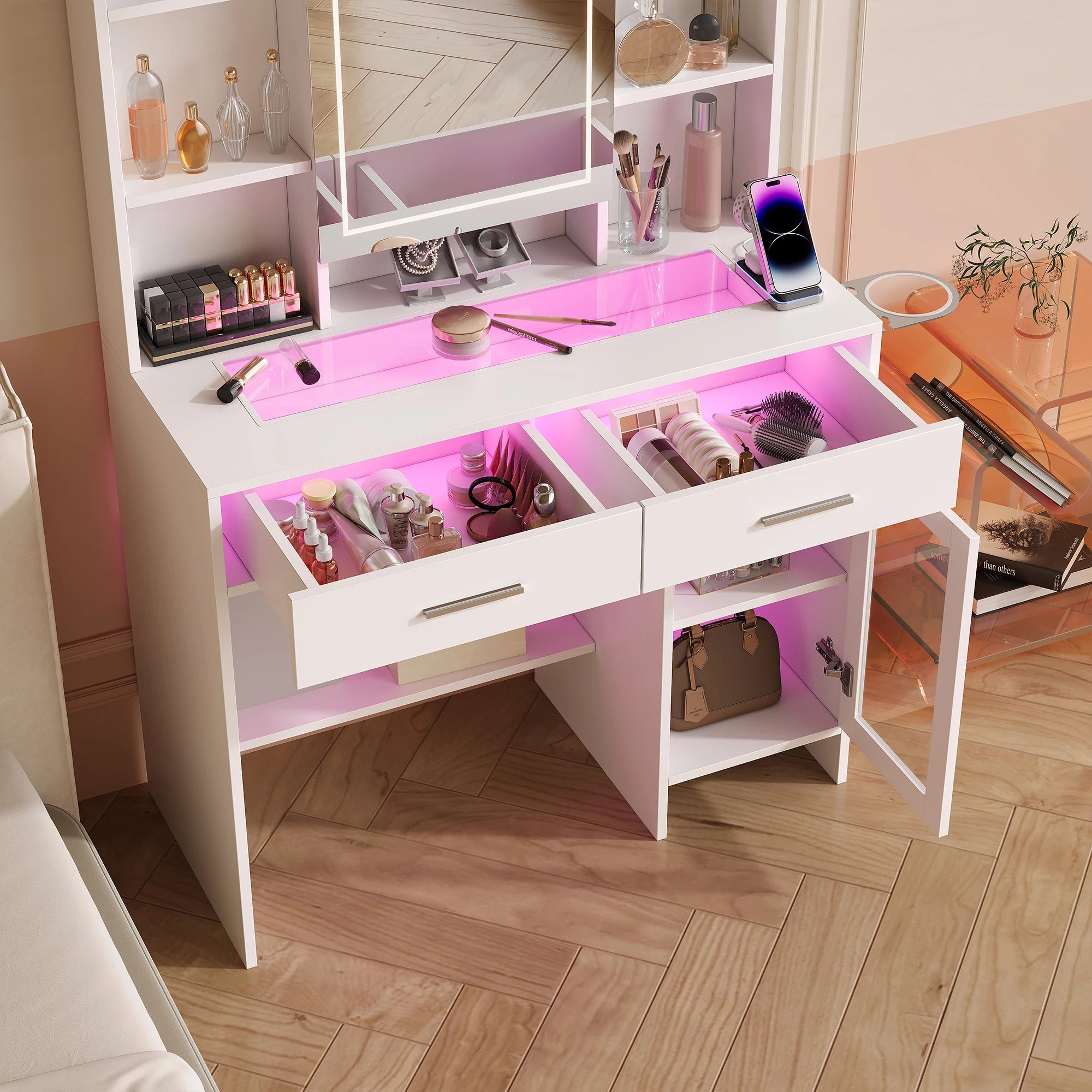 Urban Luxe dressing table, dressing table with light, dressing table with mirror, equipped with socket and hair dryer holder, White