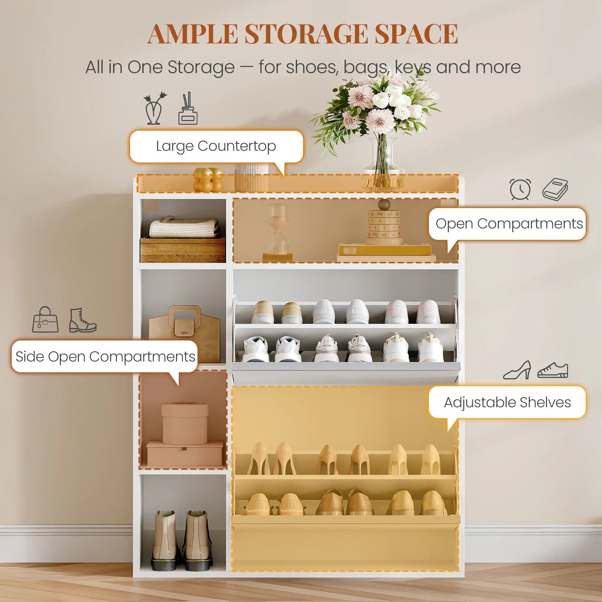 1 White Narrow Shoe Cabinet with 2 Flaps,with 5 Open Compartments,Shoe Rack for 8-12 Pairs of Shoes,for Hallway, Entrance