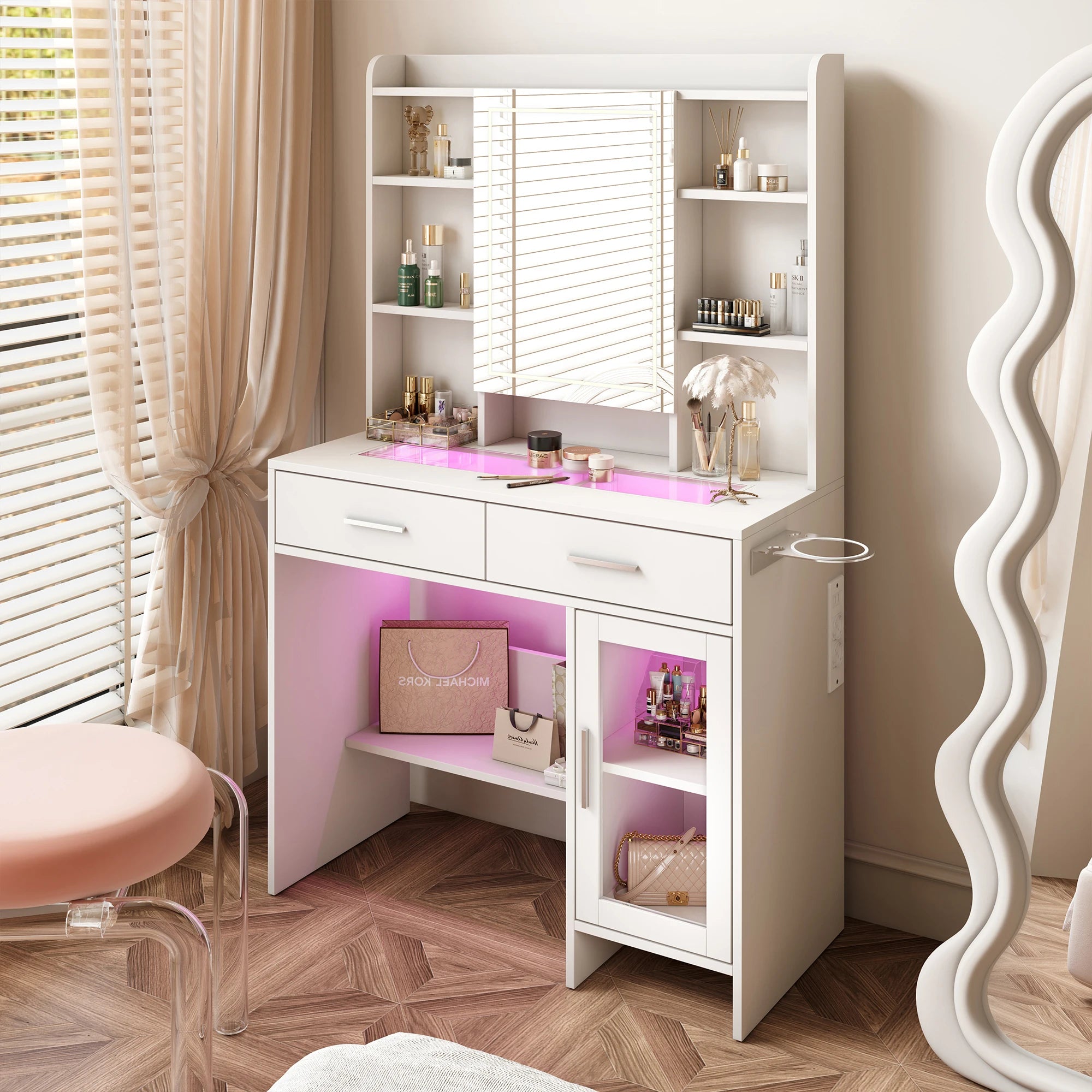 Urban Luxe dressing table, dressing table with light, dressing table with mirror, equipped with socket and hair dryer holder, White
