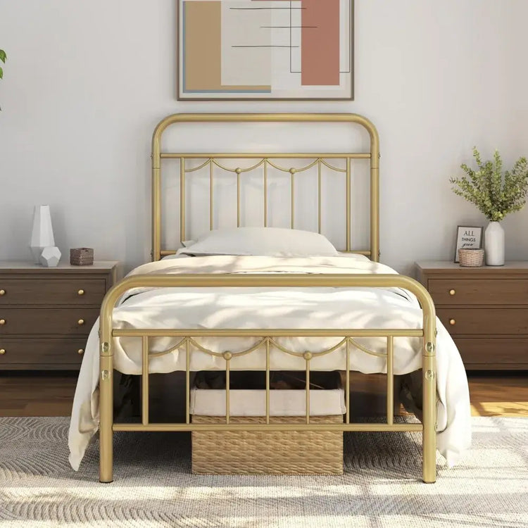 Metal Bed Frames with Vintage Headboard and Footboard, Farmhouse Metal Platform Bed, Heavy Duty Steel Slat Support, Ample Under- Jonine&