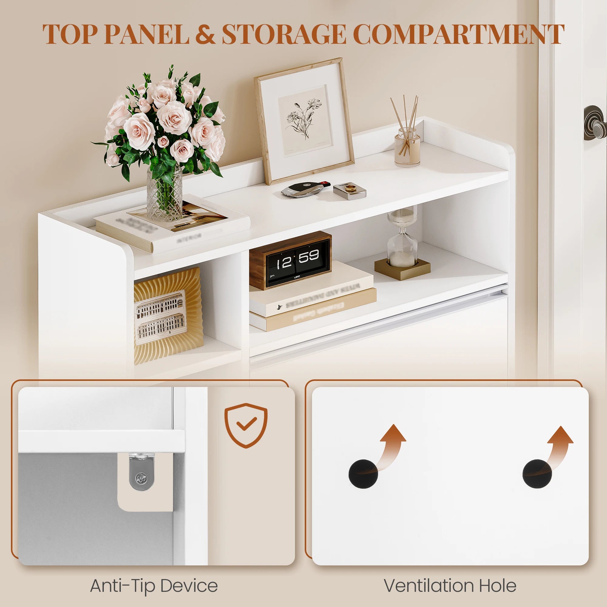 1 White Narrow Shoe Cabinet with 2 Flaps,with 5 Open Compartments,Shoe Rack for 8-12 Pairs of Shoes,for Hallway, Entrance