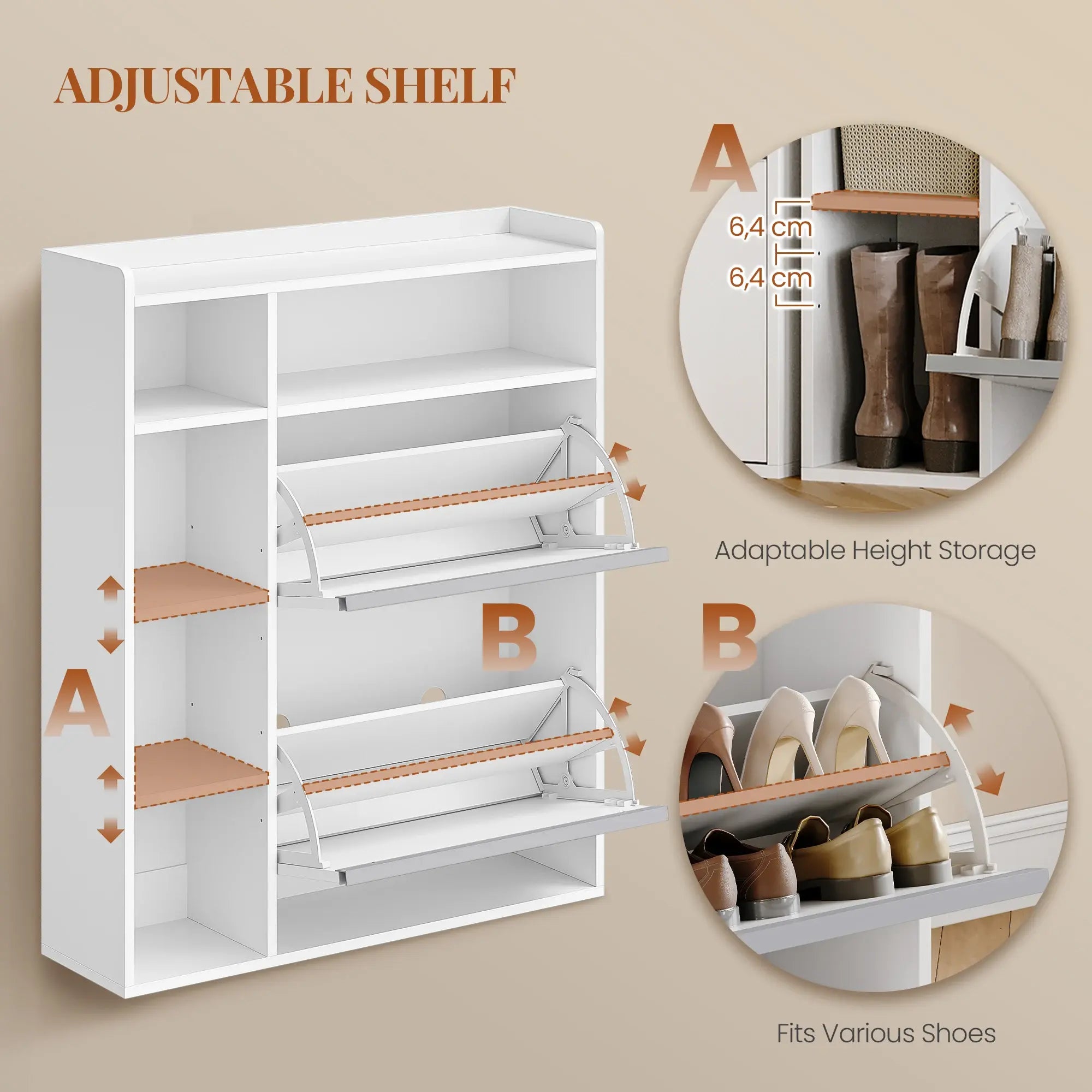 1 White Narrow Shoe Cabinet with 2 Flaps,with 5 Open Compartments,Shoe Rack for 8-12 Pairs of Shoes,for Hallway, Entrance