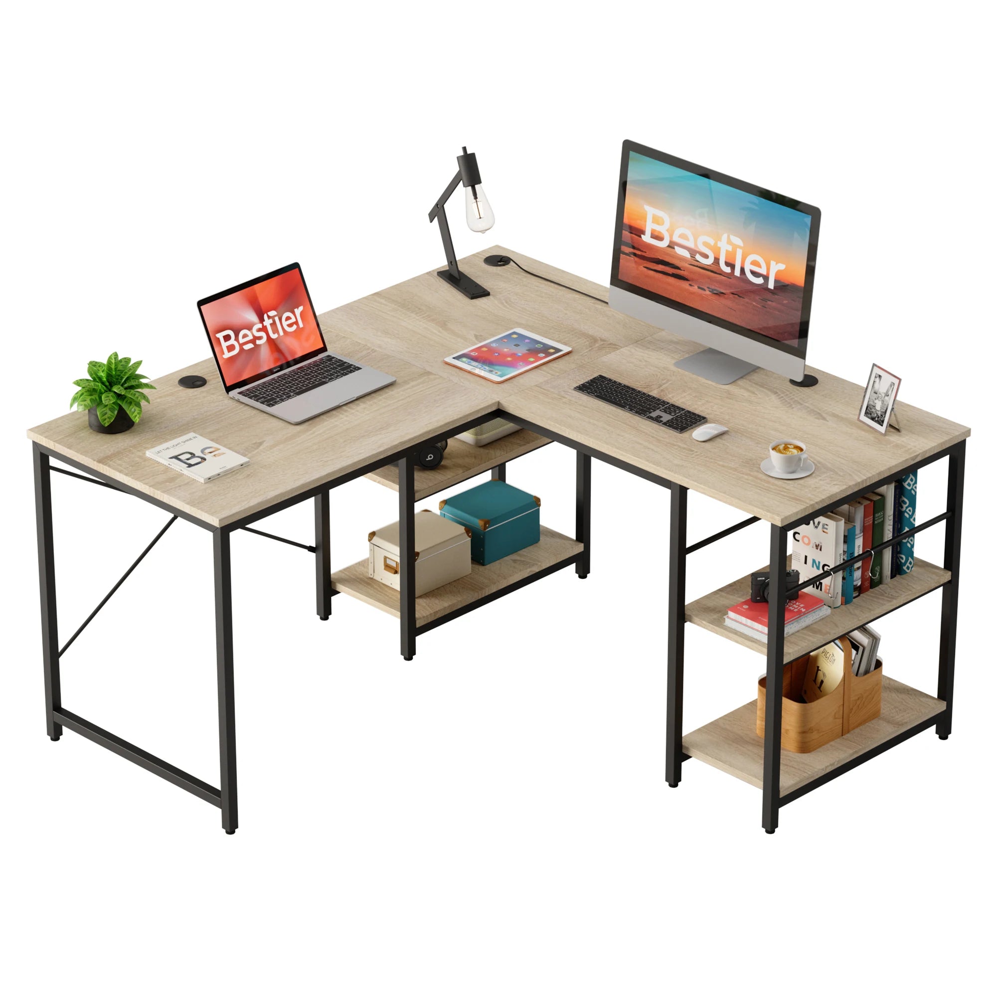 Bestier L-Shaped Executive Desk with Storage Cabinet