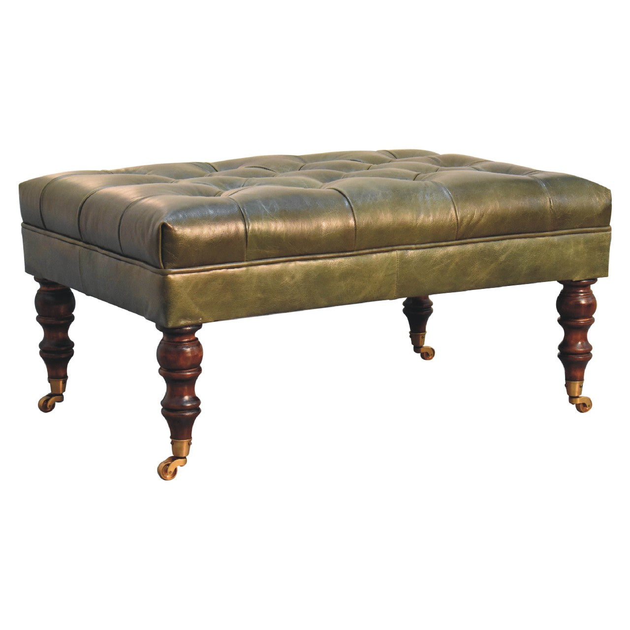 The Ottoman That Commands the Room — Buffalo Green Leather Ottoman with Castor Legs