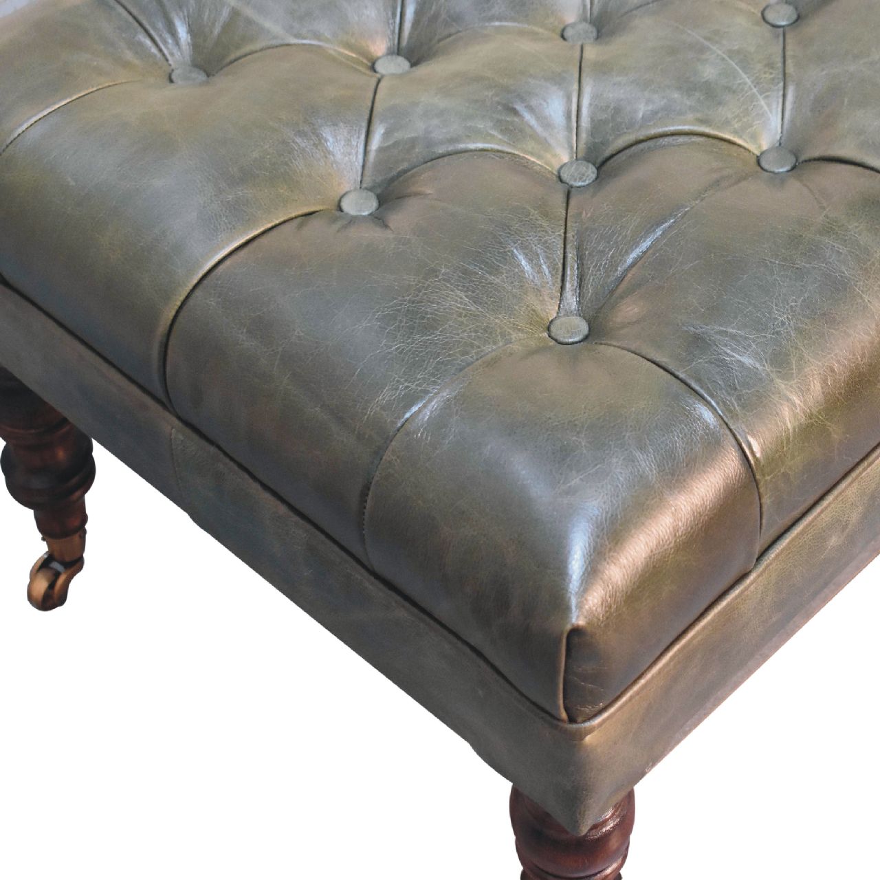 The Ottoman That Commands the Room — Buffalo Green Leather Ottoman with Castor Legs