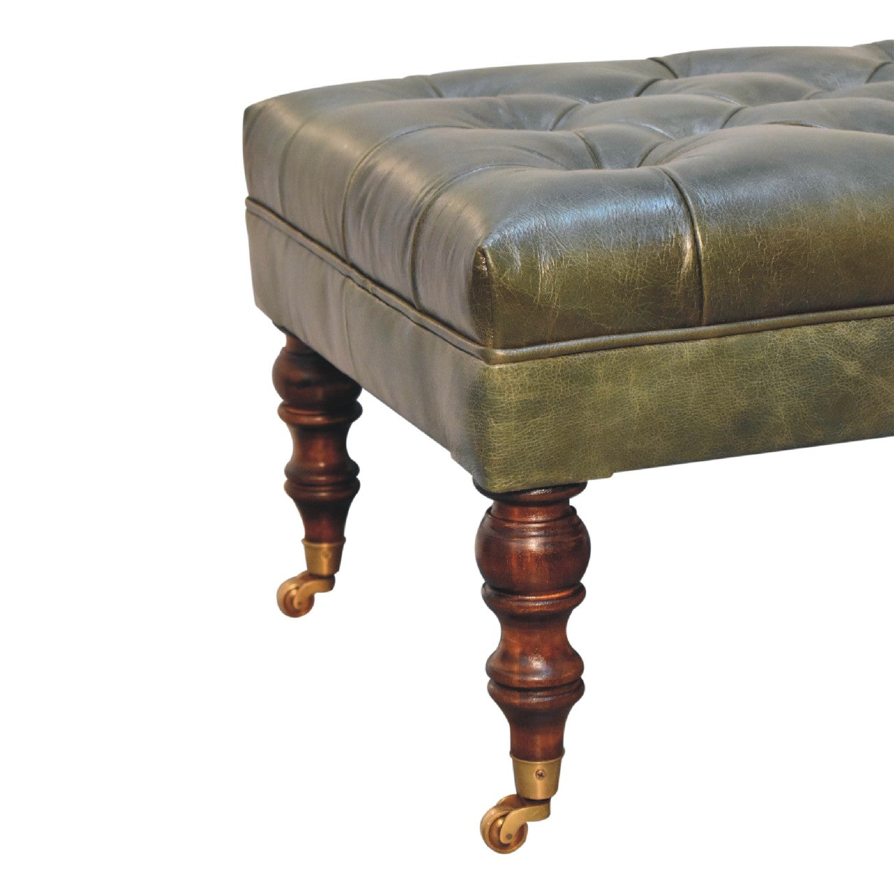 The Ottoman That Commands the Room — Buffalo Green Leather Ottoman with Castor Legs