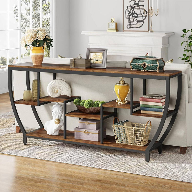 Industrial Modern 70-Inch Narrow Console Table with Brown Wood Shelves & Metal Frame Jonine&
