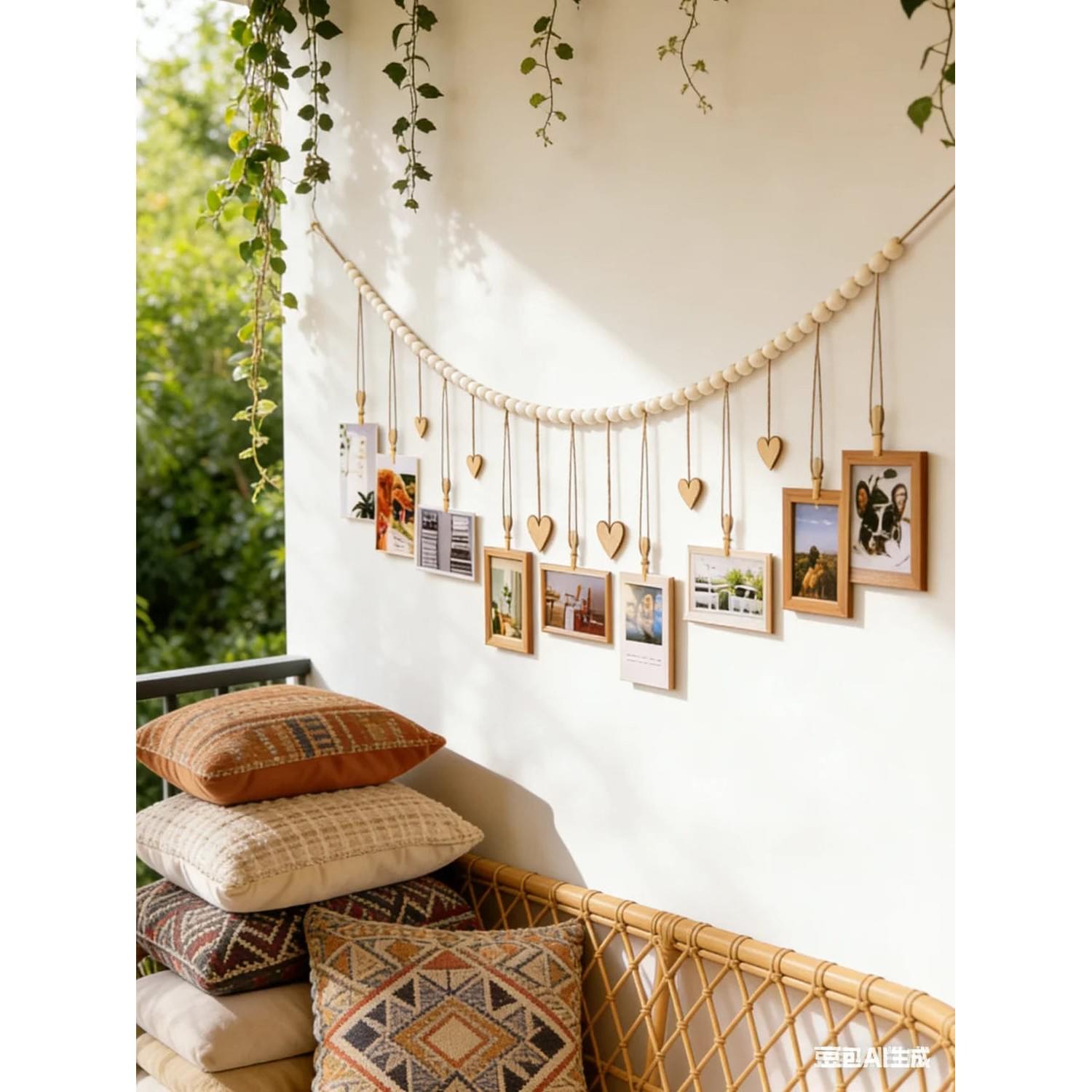 Boho Hanging Photo Display with Wooden Bead Garland — Wall Collage for Bedroom & Office