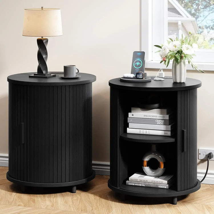 Fluted Round End Table, Mid Century Bedside Table, Modern Nightstands Set Of 2 For Living Room, Bedroom, Entryway Jonine&