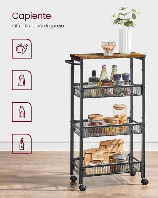 VASAGLE 4-Tier Trolley with Space-Saving Kitchen Trolley with Wheels, Handle, Small Spaces, Bathroom Living Room Study,