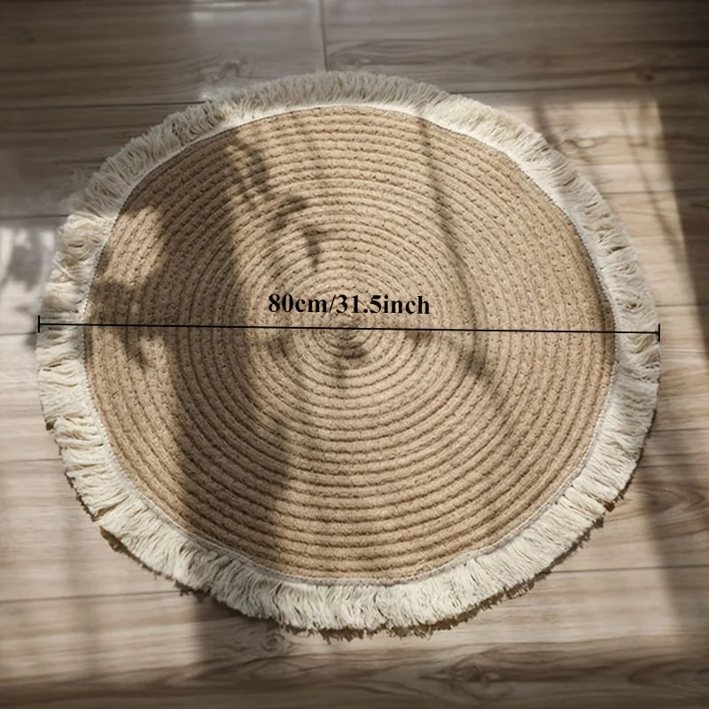 Hand-Woven Natural Jute Round Rug with Tassels – 80cm Boho Floor Mat