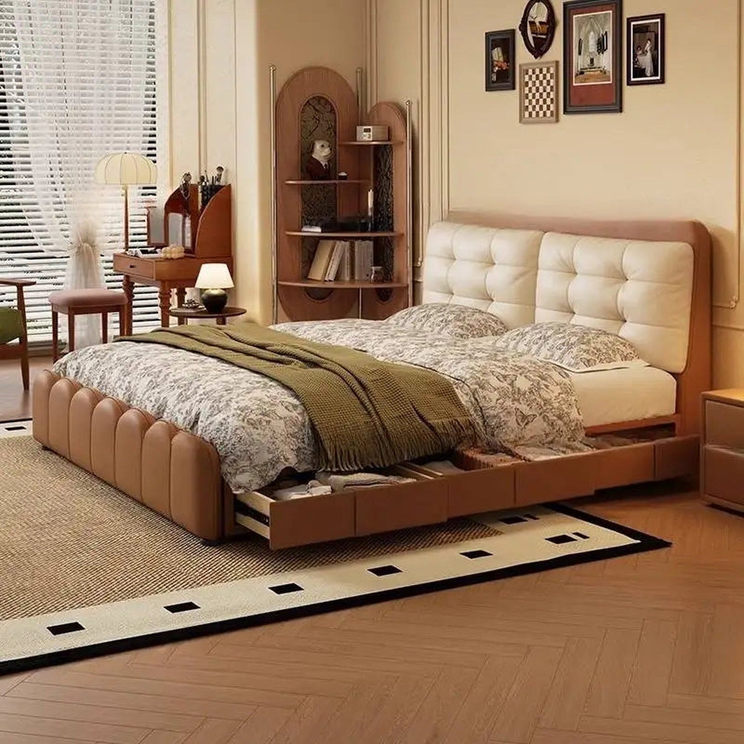 Elegant Upholstered Platform Bed — Leather Surface, Storage & Padded Headboard