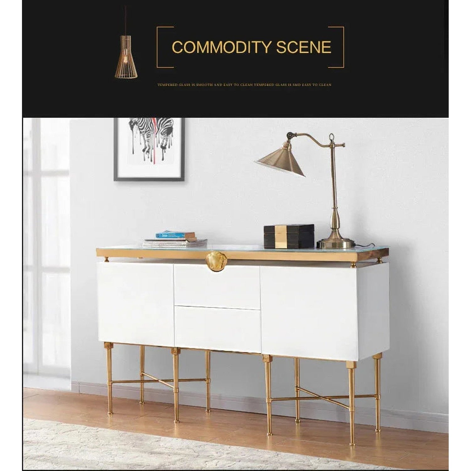 Modern Glass & Steel Sideboard Cabinet