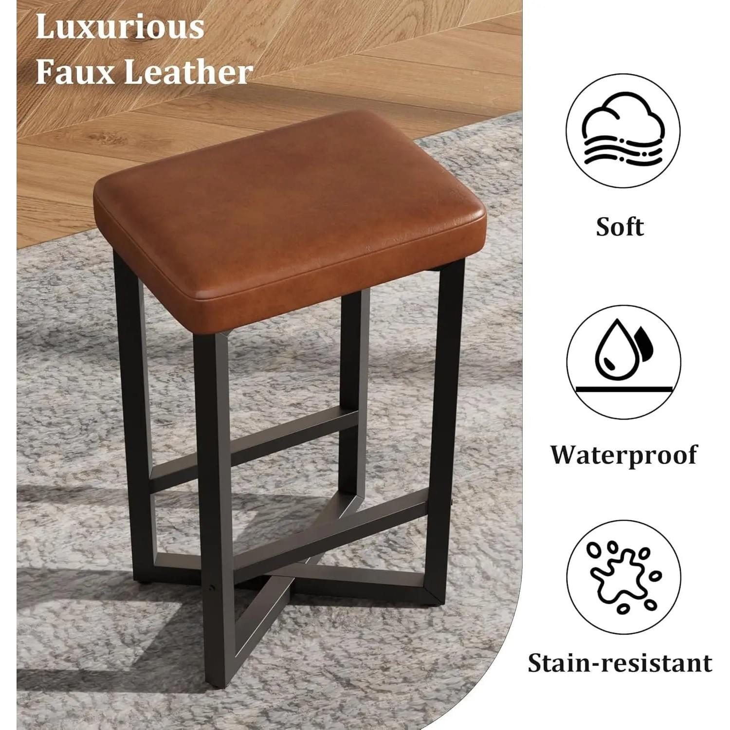 24" Bar Stools Set of 2 — Backless Counter Height with PU Leather Seat