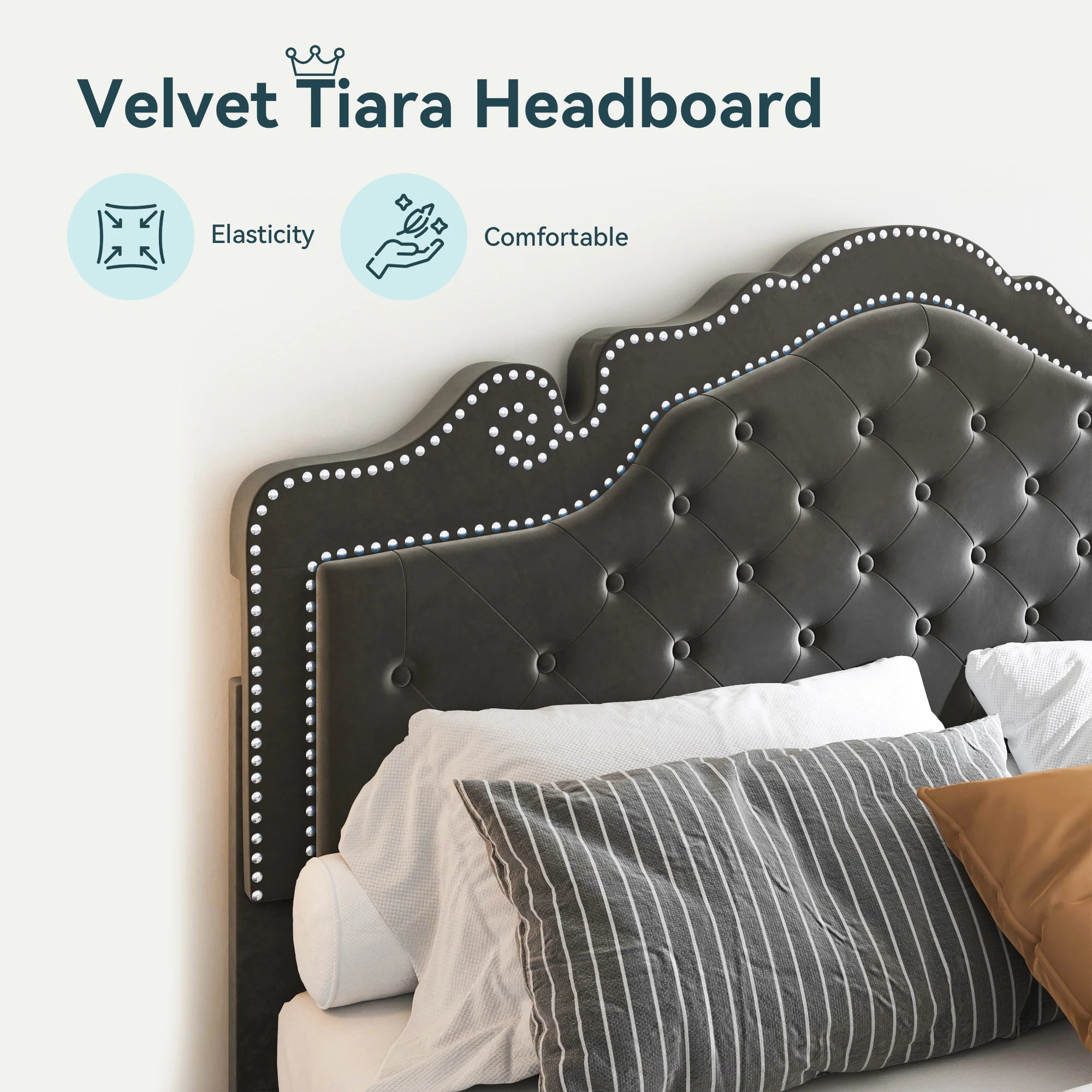 HOOMIC Full/Queen/King Size Velvet Bed Frame with Adjustable Tiara Headboard, Diamond Tufted Upholstered Platform Bed