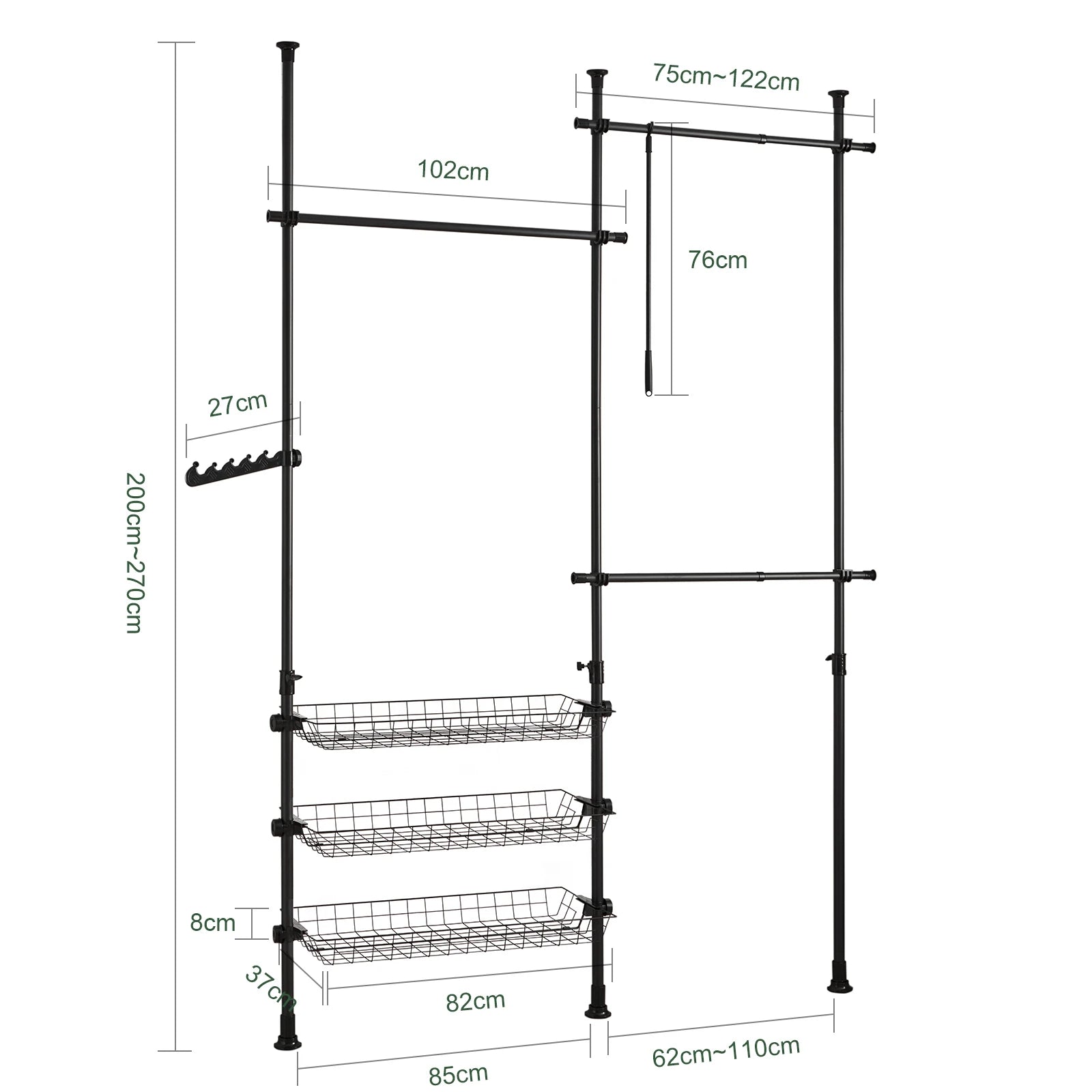 SoBuy FRG34 Shelving System with 3 dresses Bars and 3 Baskets Telescopic Wardrobe System Adjustable Order System