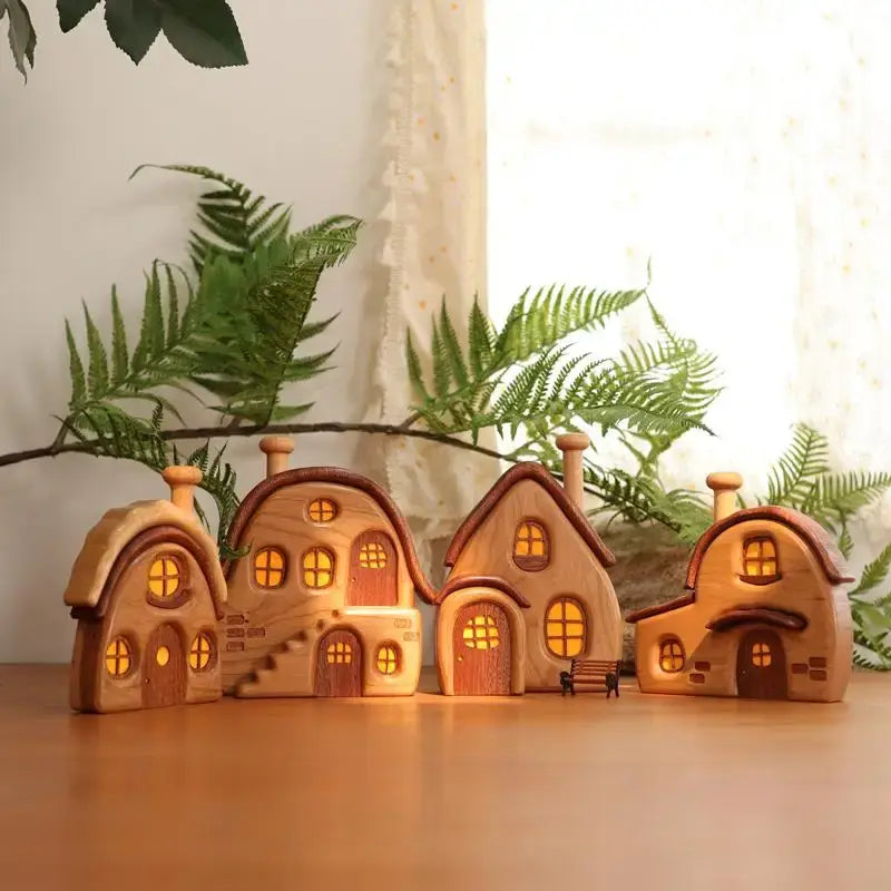 Nordic Style Wooden House Ornaments Miniature Landscape Creative Cute Gifts Home Decor Wooden Building Desktop Decorations