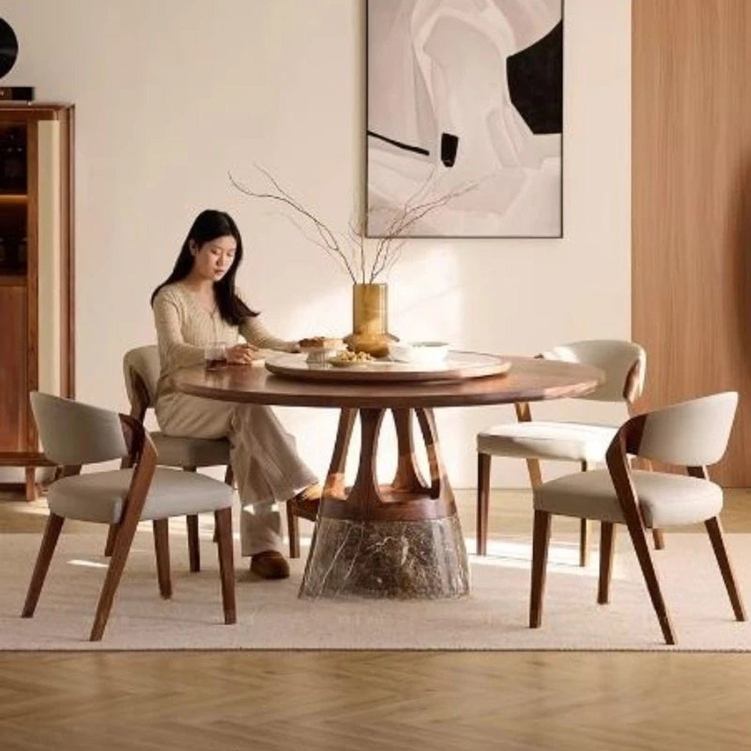 Mid-Century Round Dining Table — Solid Wood, Seats 4