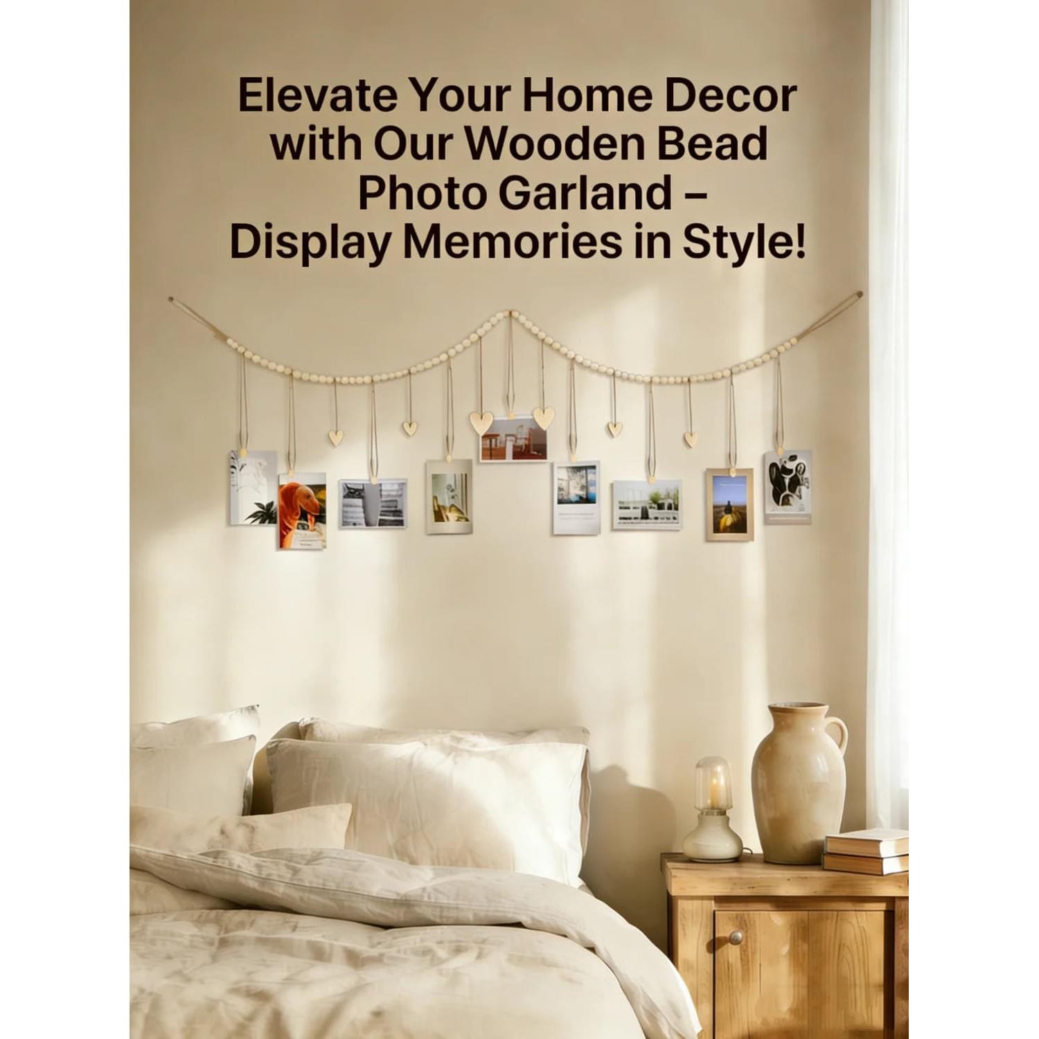Boho Hanging Photo Display with Wooden Bead Garland — Wall Collage for Bedroom & Office