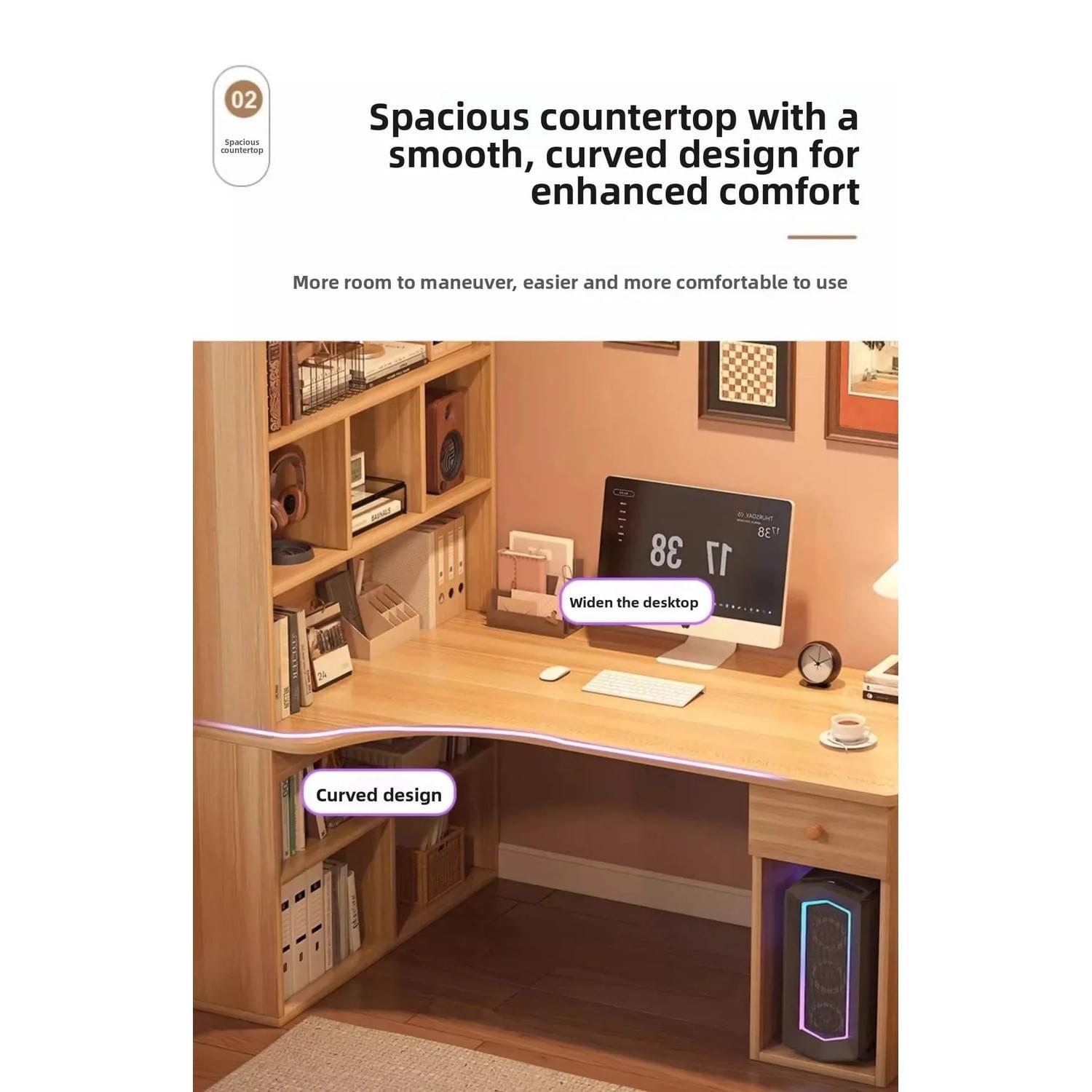 L-Shaped Corner Desk with Bookshelf — Dual Monitor & Home Office