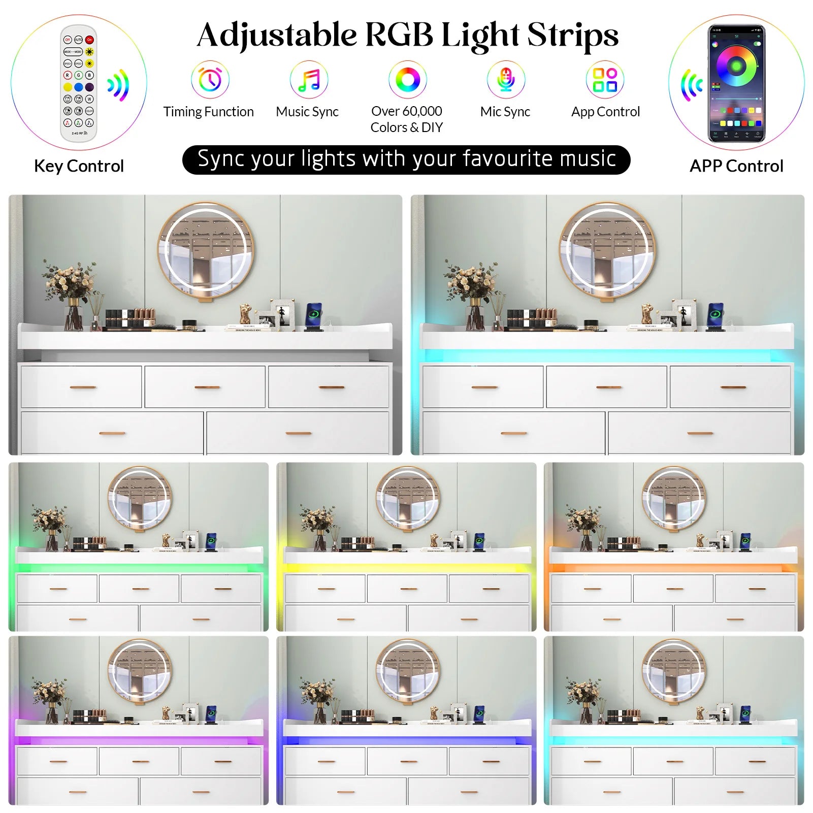 7 Drawer Dresser with LED Light and Charging Station, Modern Chest of Drawers for Closet, Wide Drawer Organizer Cabinet for Bedr