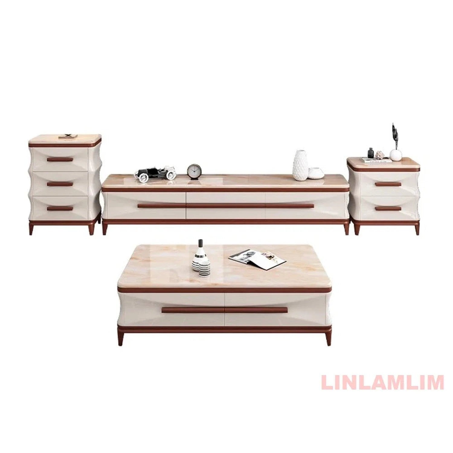 Marble & Wood Living Room Furniture Set — Coffee Table, TV Stand & Side Cabinets