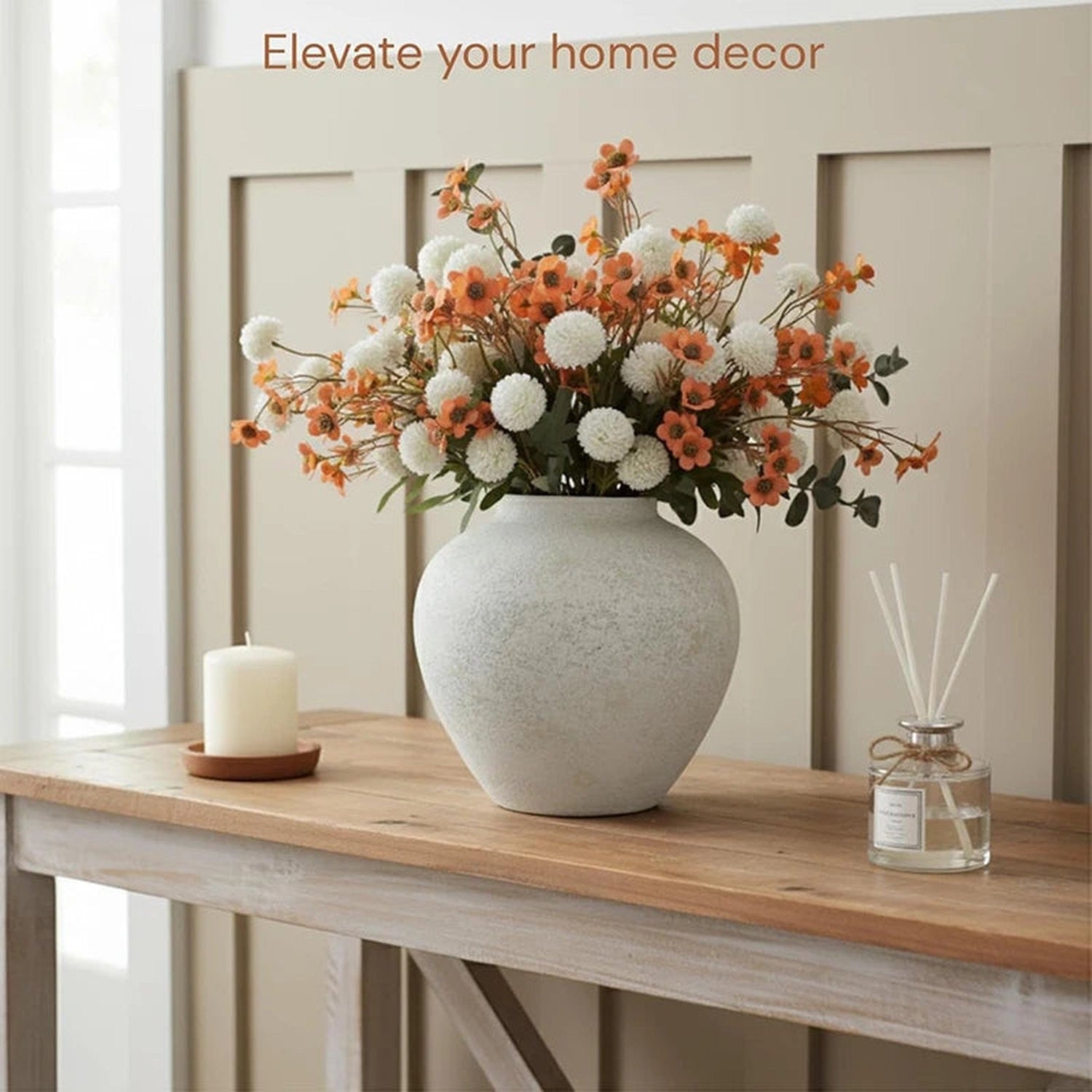 Stone-Texture Round Vase — Large Rustic Centerpiece