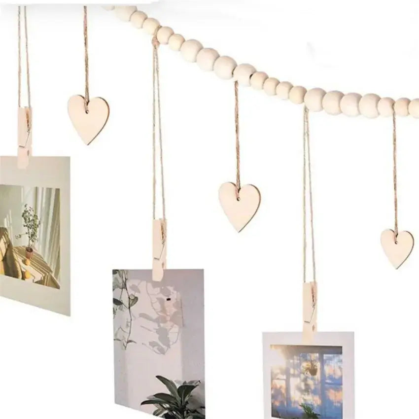 Boho Hanging Photo Display with Wooden Bead Garland & Clips — Wall Décor & Photo Displays