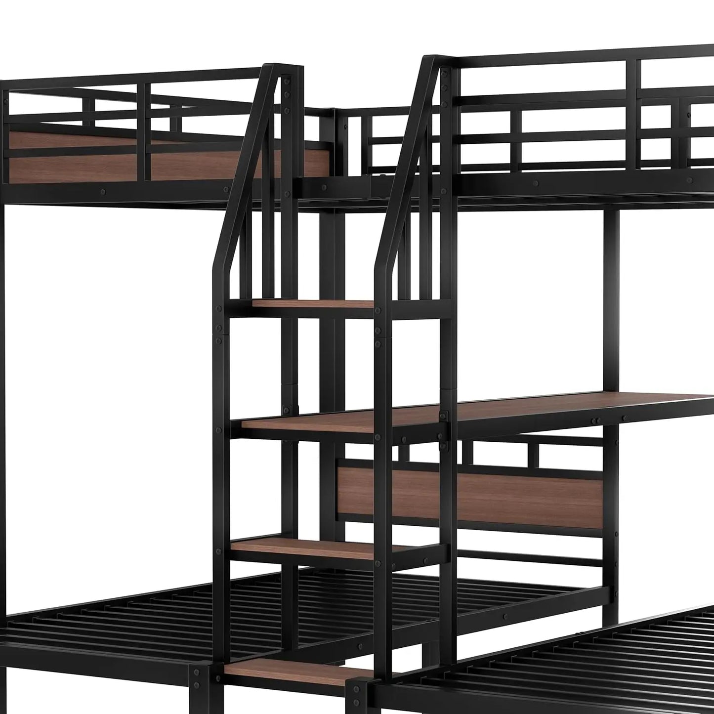 3-in-1 Queen Over Twin Metal Bunk Bed with Storage Stairs