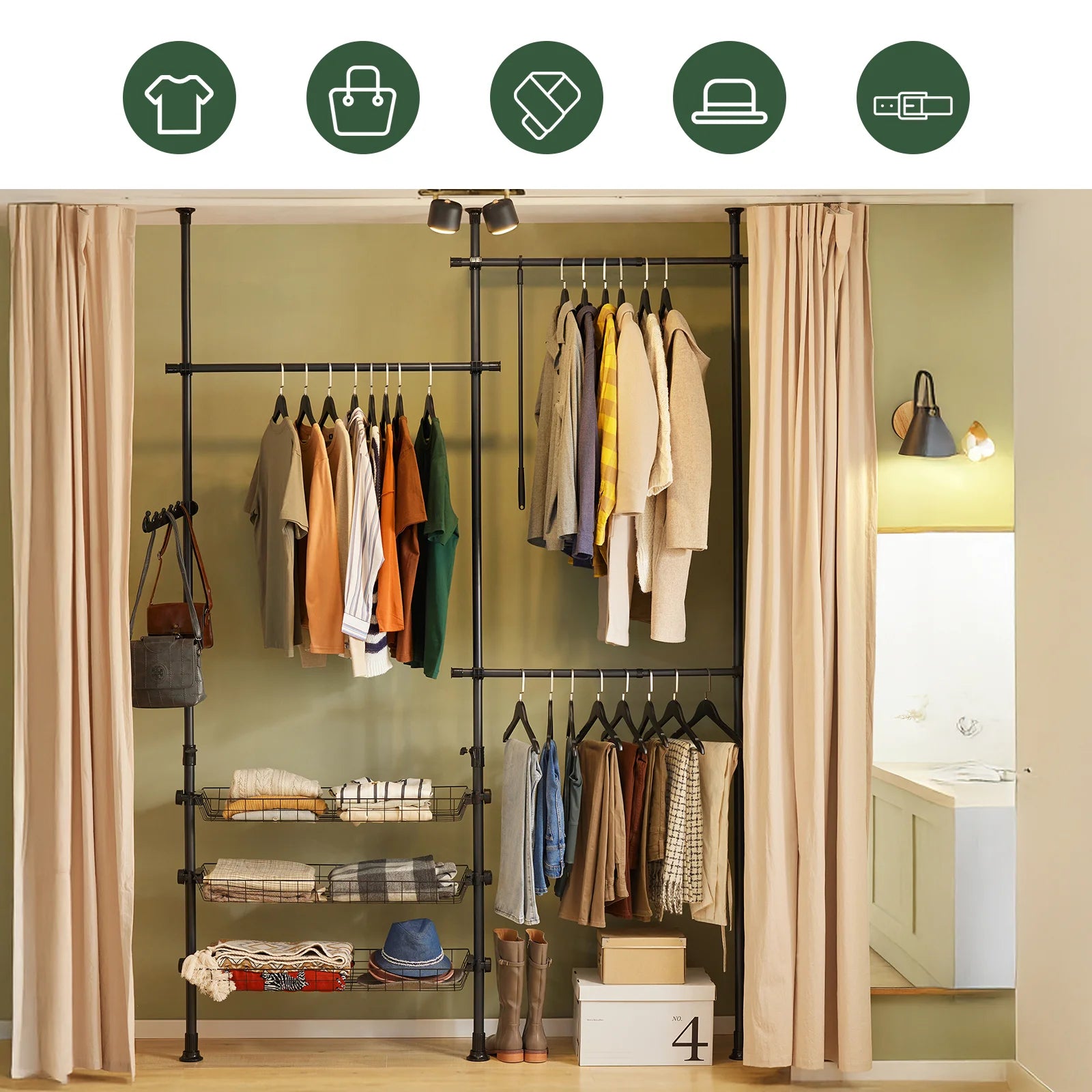SoBuy FRG34 Shelving System with 3 dresses Bars and 3 Baskets Telescopic Wardrobe System Adjustable Order System