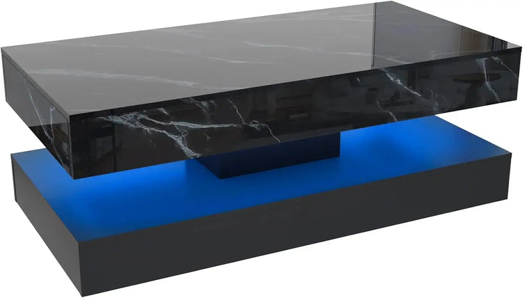 Modern Stylish Coffee Table with LED lights, Double-Layer Design for Living Room Coffee Table with 2 Storage Drawers Jonine&