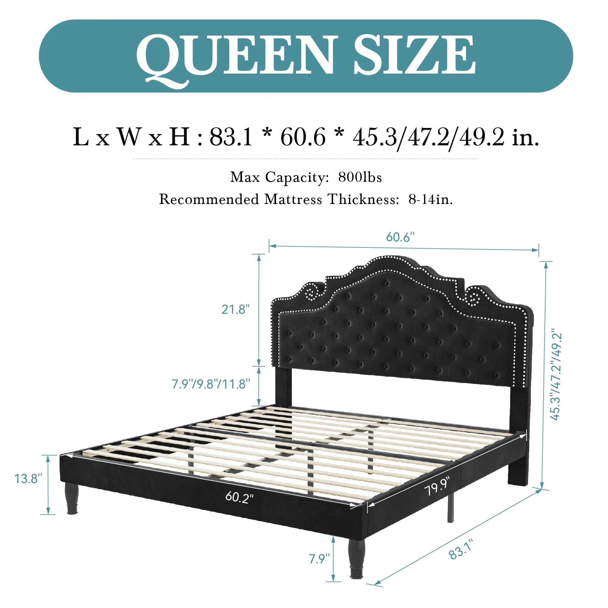 Velvet Platform Bed Frame with Adjustable Tiara Headboard — Diamond Tufted, Full/Queen/King Jonine&