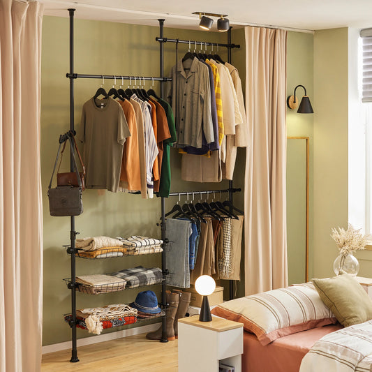 SoBuy FRG34 Shelving System with 3 dresses Bars and 3 Baskets Telescopic Wardrobe System Adjustable Order System