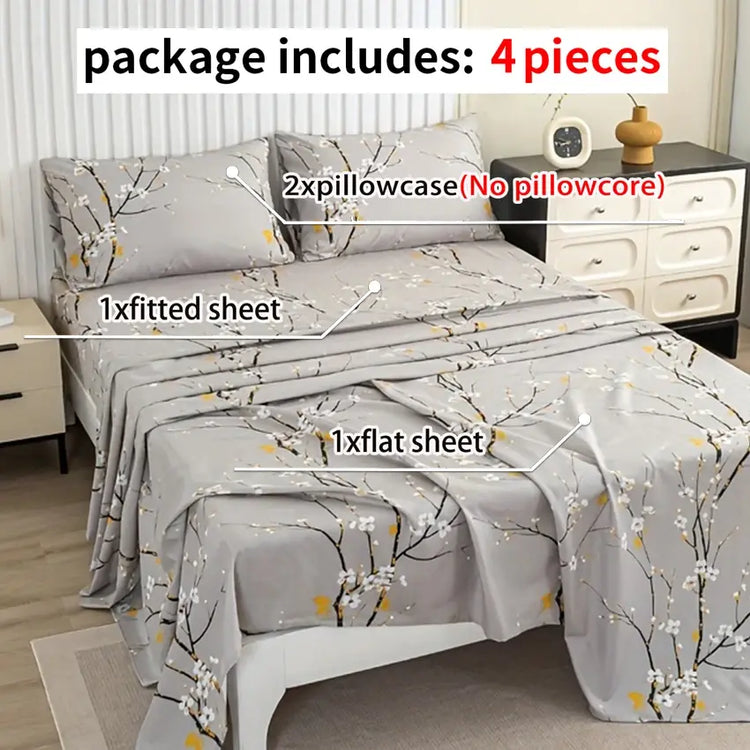 Dolin Plum Blossom Print Bedding Set (1 Fitted Sheet, 1 Flat Sheet, 2 Pillowcases) Ultra-Soft Breathable Fabric, Skin-Friendly, Comfortable, Breathable, Machine Washable, Suitable for All Seasons, Elegant and Exquisite, Ideal Jonine&