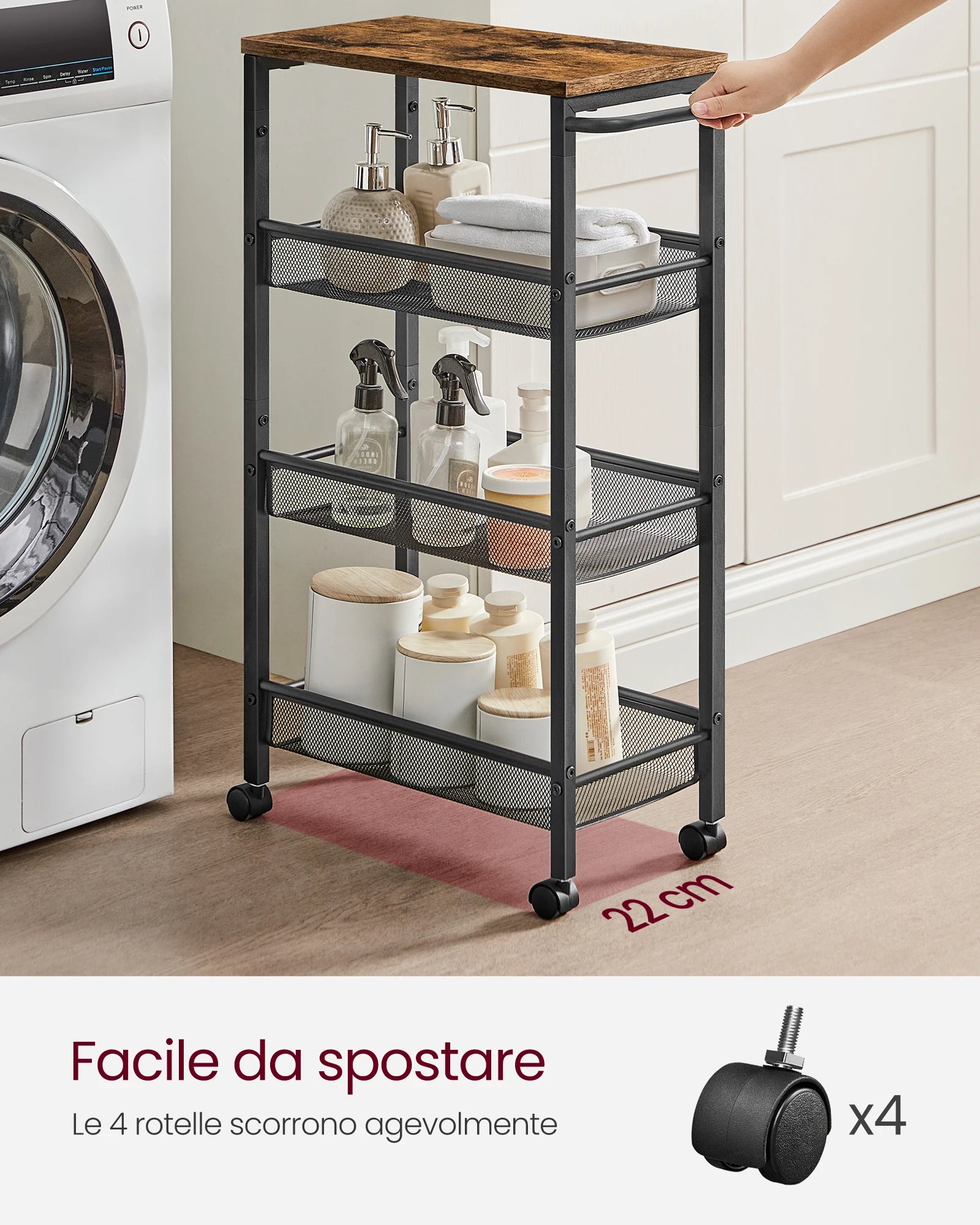 VASAGLE 4-Tier Rolling Storage Trolley — Space-Saving Cart with Wheels