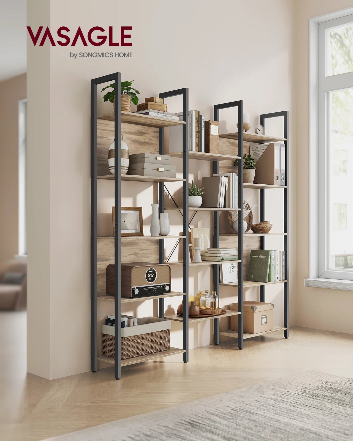 VASAGLE Bookshelf, 14 Shelves, Metal Rack for living room Study office Industrial Design