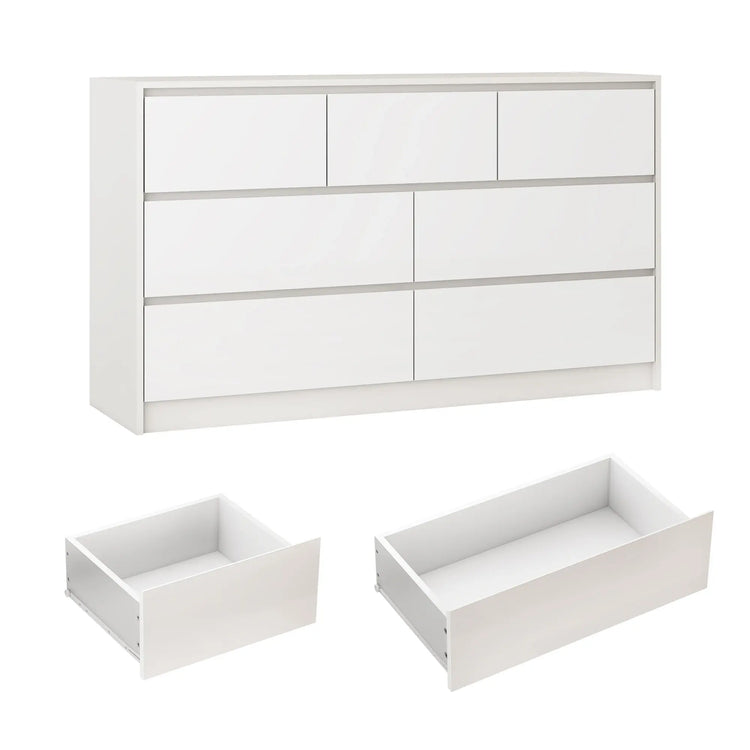 7 Drawer Dresser for Bedroom, 55 Inch Modern Dresser with High Gloss Drawers, Large Wood Chest of Drawer, White/Black Jonine&