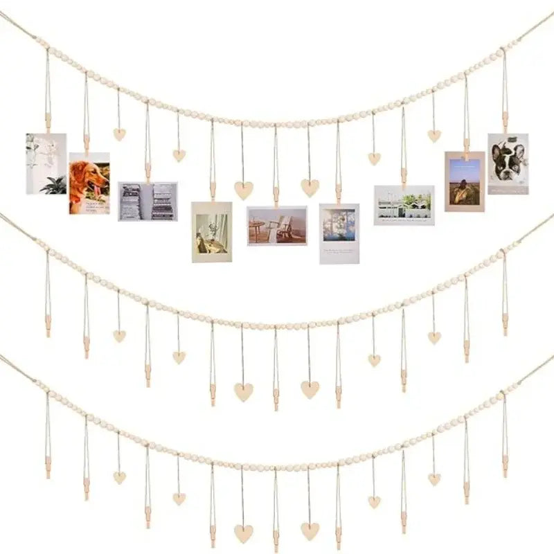 Boho Hanging Photo Display with Wooden Bead Garland & Clips — Wall Décor & Photo Displays